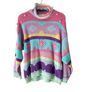 Reference Point Vintage Mock Neck Stripe Heart Pom Pom Sweater size large cotton